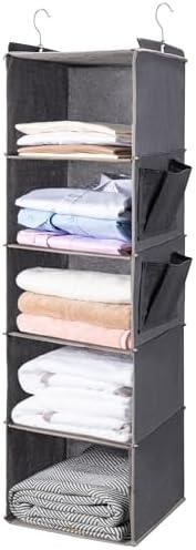 BOOMIBOO Hanging Closet Organize and Shelves，5-Hanging Shelf with 2 Side Pockets，Storage Foldable （Grey）