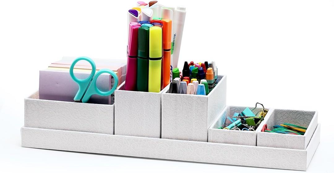 Desk Organizer,Office Desk Accessories,Paperboard Desktop Organizer with Pen Pencil Holder and Sticky Note Tray,Paperclip Storage, L11.8 White (W1-3)