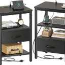 SUPERJARE Nightstand Set of 2, Bed Side Tables with Charging Station, Adjustable Fabric Drawer, Night Stand for Bedroom, 3-Tier Storage End Tables, Black