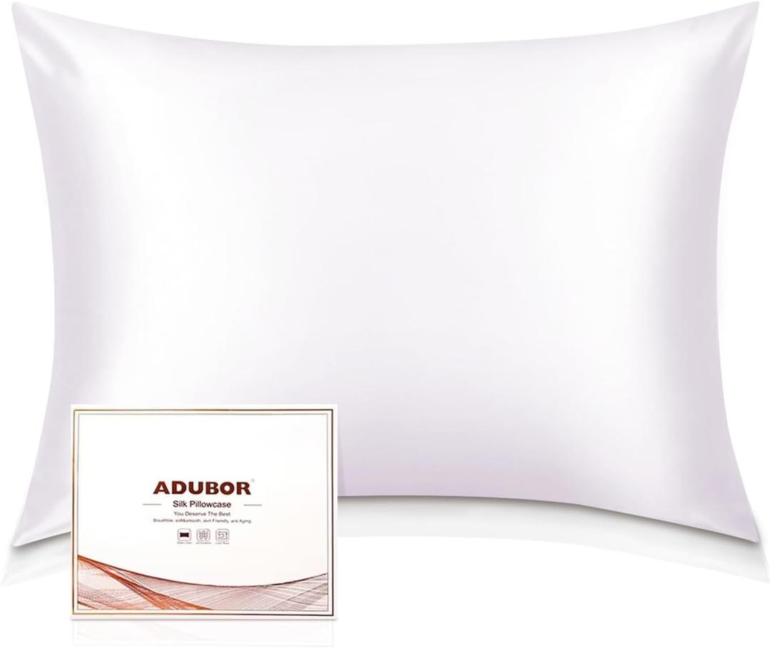 Adubor 100% Silk Pillowcase - Mulberry Silk Pillow Cases, 23 Momme 6A Grade Fibers, Silk Pillow Case for Hair and Skin Health, with Hidden Zipper (Standard 20''26'', White, 1PC)