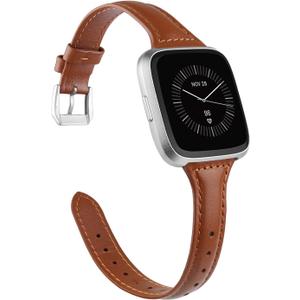 TOYOUTHS Leather Strap Compatible with Fitbit Versa/Versa 2 Watch Bands Women Men Slim Genuine Leather Wristbands Replacement for Versa Lite/Versa 2 Special Edition Classic Accessorie Multi Colors (Saddle Brown)