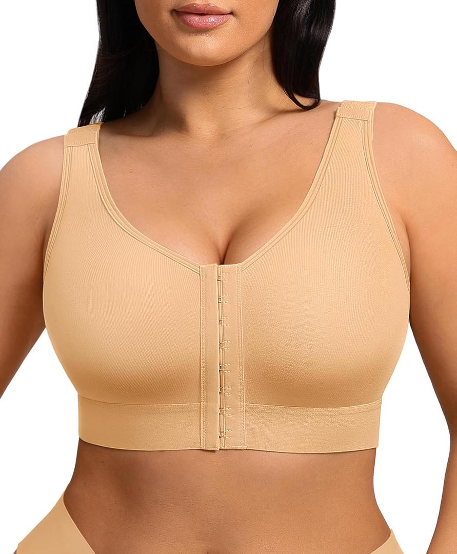 FeelinGirl Mastectomy Bras for Women Compression Post Op Surgery Bra Front Closure Surgical Recovery Everyday Bra (Beige, L)