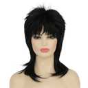 Mullet Wig for Women Black Shoulder Length Shaggy Layered Wig Curly 80s Wigs Heat Resistant Cosplay Daily Hair Wigs (Black)