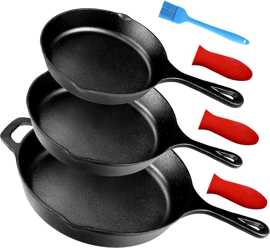 Suteck Cast Iron Skillets 3-piece set | 6", 8" & 10" Pre-Seasoned Cast Iron Pan with 3 Silicone Heat-Resistant Holders - Indoor and Outdoor Use - Oven Grill Stovetop Induction Safe Cookware