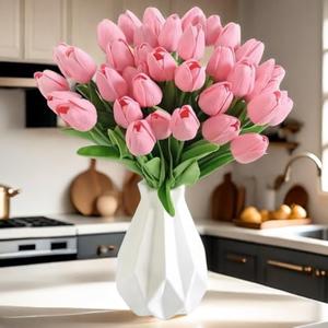 SHINE-CO LIGHTING PU Real Touch Tulips Artificial Flowers 30Pcs Flowers Arrangement Bouquet for Home Office Wedding Decoration (Pink) Vase Not Included