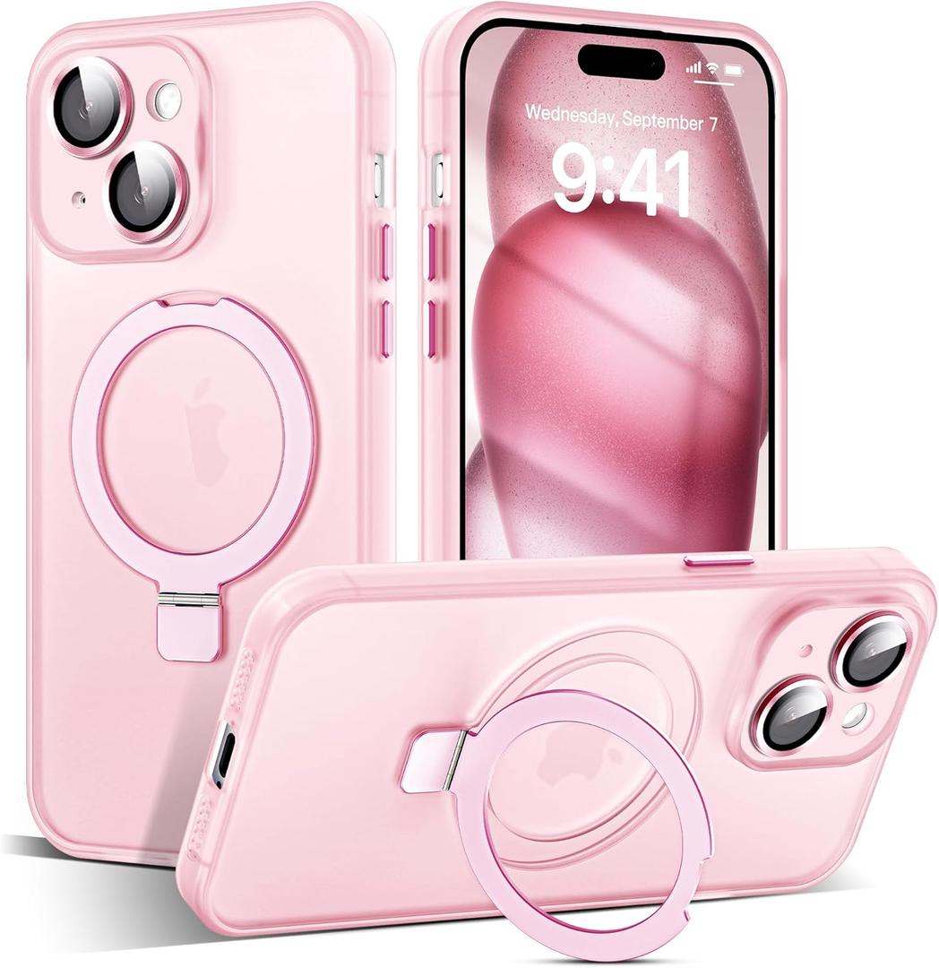 Designed for iPhone 14 Case with Magnetic Invisible Ring Stand [Military Drop&Full Camera Lens Protection][Compatible with Mag-Safe] Matte Translucent Slim Phone Cases for iPhone 14 6.1"Pink