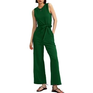 CHERFLY Jumpsuits for Women Dressy Summer Formal Outfits Belted Wide Leg Overalls 2025(Verdant Green,XL)