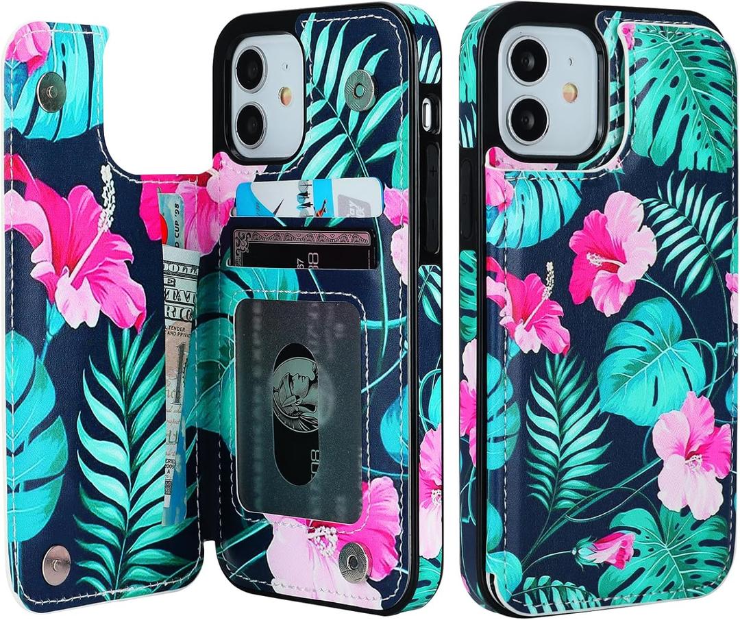 HAOPINSH for iPhone 12/12 Pro Wallet Case with Card Holder, Banana Leaf Pattern Back Flip Case PU Leather Kickstand Card Slots Case for Women Girls, Double Magnetic Clasp Shockproof Cover 6.1"