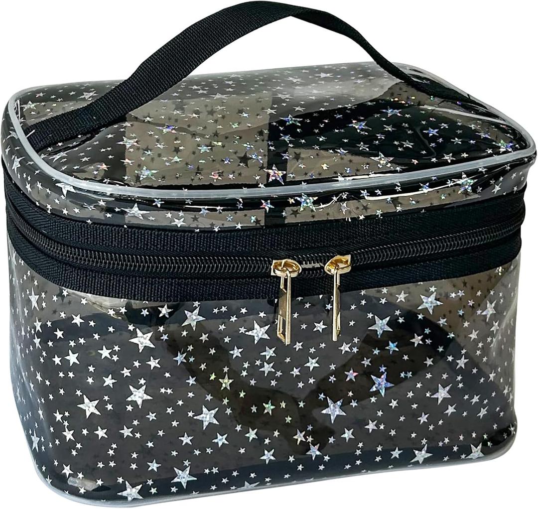 Star Print Black PVC Makeup Bag with Handle - 8.66 * 5.51 * 5.51 inch,Clear Storage Bag Toiletry Pocket Portable Zippered Pouch Waterproof Cosmetic Organizer Bags for Women(Black-L)