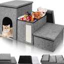 Dog Stairs for Small Dogs, 3 Tiers Dog Step with Storage, Foldable Older Cat Ramp with Condo Cat Scratcher, Portable Pet Ladder for High Bed Couch Chair Car, Up to 165 Lbs, 17 Inch