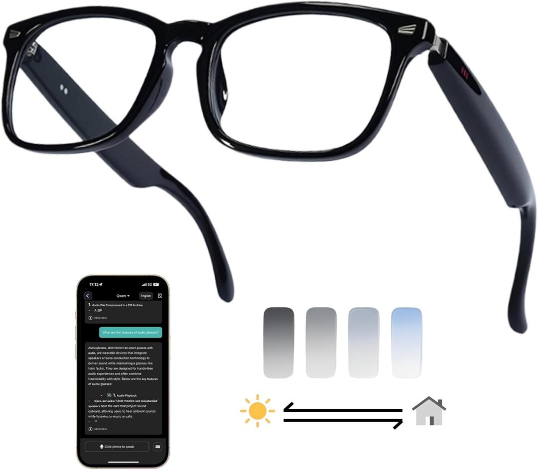 AI Smart Wireless Bluetooth Translation Glasses for Men/Women with Speakers/Bluetooth&140+ Languages Translation Sports/Travel/Drive/Busniess (C3+AI+Color Change Lenses+Black)