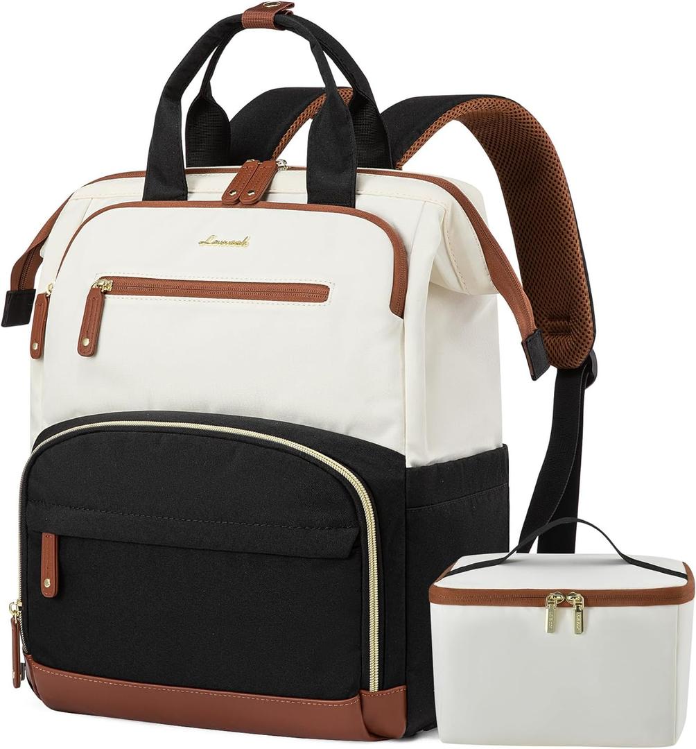 LOVEVOOK Lunch Backpack for Women, 15.6 Inch Laptop Bag with Insulated Cooler Lunch Box, Work Backpack for Teacher Nurse, Travel Backpack Lunch Bag for Camping Picnic Daily Use (Black-White-Brown)
