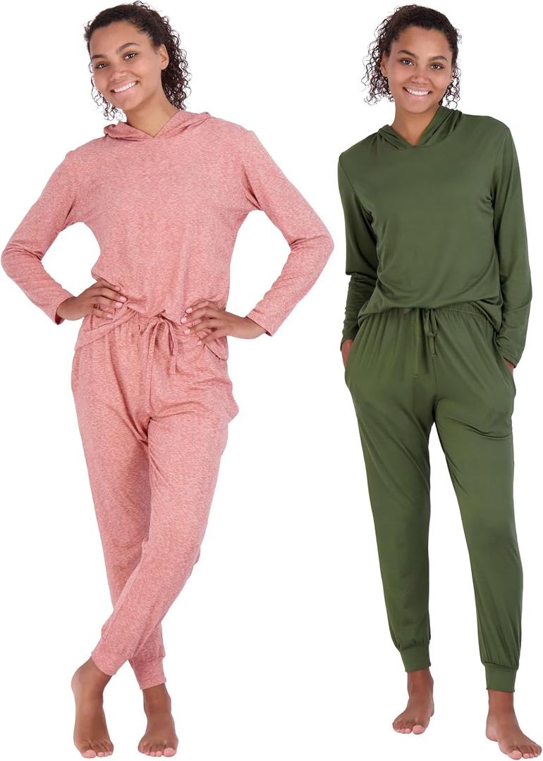 Real Essentials 2 Pack: Women's Soft Long Sleeve Sleep Set - Comfortable Lounge Pull Over Hoodie and Henley Jogger, L