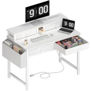Lufeiya Small White Kids Desk with Fabric Drawers for Bedroom, 32 inch Vanity Makeup Desk with Drawers Storage for Home Office, Writing Study Table with Power Outlet & Monitor Stand, White, 31.5"