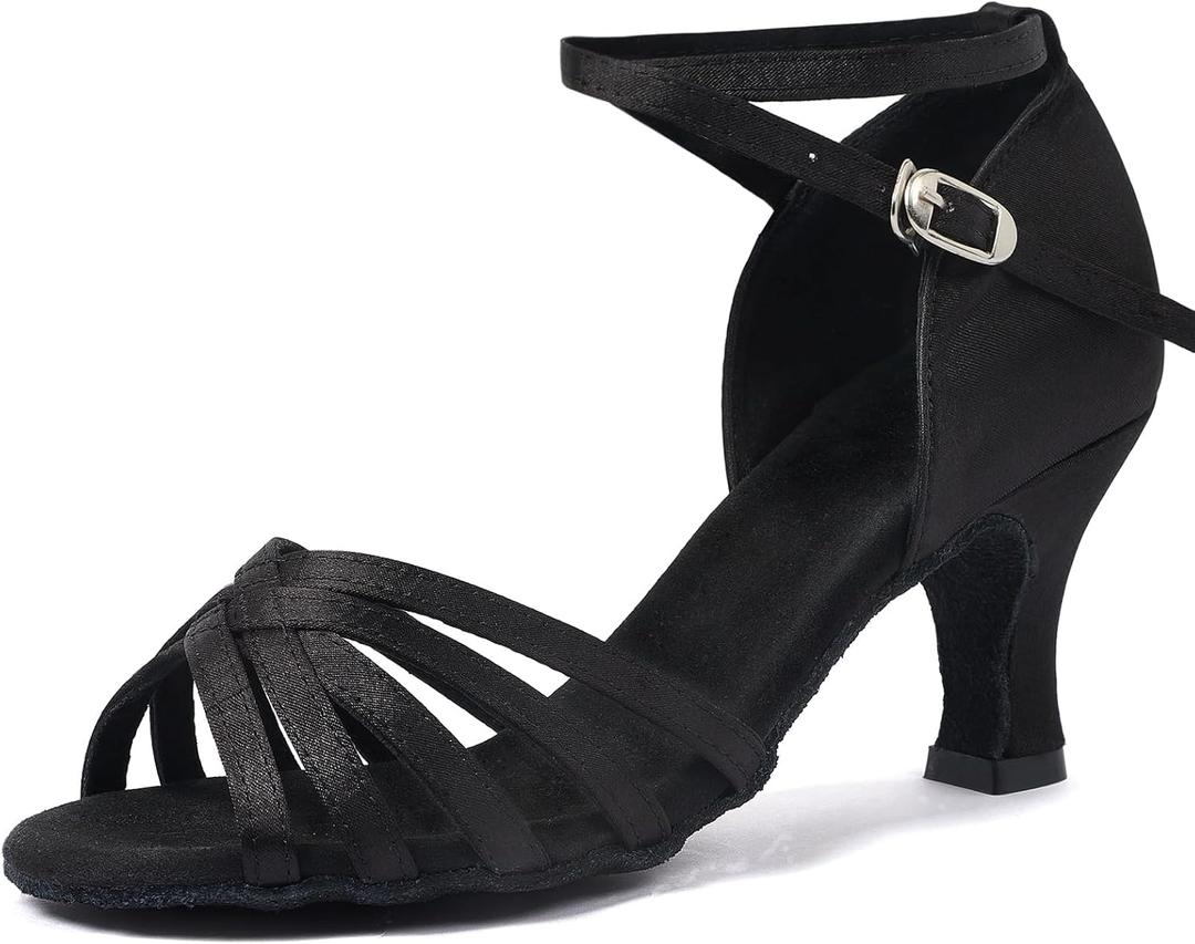 iCKER Women's Professional Latin Dance Shoes Satin Salsa Ballroom Wedding Dancing Shoes 2.4'' Heel 8.5 Black