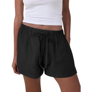 GUOLEZEEV Women Shorts Casual Drawstring Elastic Waist Flowy Linen Cute Y2k Beach Shorts (Black, S)