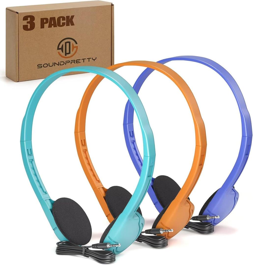 3 Pack Bulk Headphones for School, Classroom, Students - On Ear with 3.5mm Jack, 4ft Tangle Free Cable, 3 Colors - Compatible with iPad, Chromebook, Laptop, PC