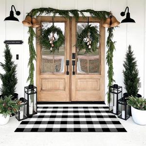 SEEKSEE Buffalo Plaid Outdoor Rug 3' x 5' Black and White Front Door Mat, Layering Rug for Porch, Washable Doormat, Cotton Area Rug for Outdoor Entrance Entryway Patio Porch Decor