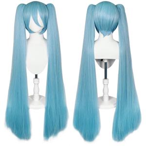 47 Inch Blue Wig with Bangs for Women with Two Ponytails + Wig Cap Long Straight Blue Wig Synthetic Cosplay Wig for Anime Halloween Party