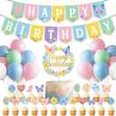 Butterfly Birthday Party Decorations for Girls Women, Spring Birthday Party Decorations - Pastel Spring Happy Birthday Banner, 24 Balloons, Butterfly Cake Topper & 24 Cupcake Toppers