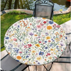 Round Tablecloth with Elastic Edge, 36-60Inch Waterproof Table Cloth for Dinner, Outdoor, Picnic, 60inch, Wildflower