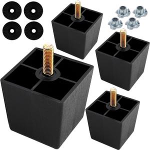 4Pcs 2 Inch Plastic Furniture Legs, Square Sofa Legs Black Couch Legs M8 Thread (Metric 8mm) Furniture Feet Cabinet Replacement Legs for Bed, Chair, Ottoman