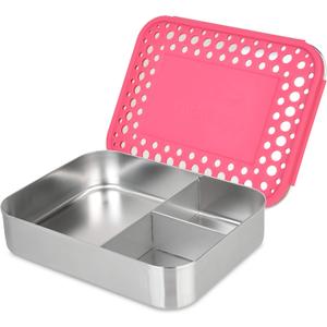 LunchBots Large Trio Stainless Steel Lunch Container -Three Section Design for Sandwich and Two Sides - Metal Bento Lunch Box - Eco-Friendly - Stainless Lid - Pink Dots