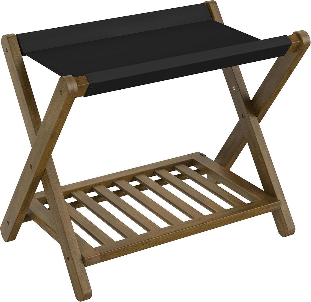 SONGMICS Bamboo Luggage Rack, Foldable Suitcase Stand, Luggage Holder with Storage Shelf, Easy to Assemble, for Guest Room, Hotel, Bedroom, Walnut Brown URLR030KZ01, 1 Pack