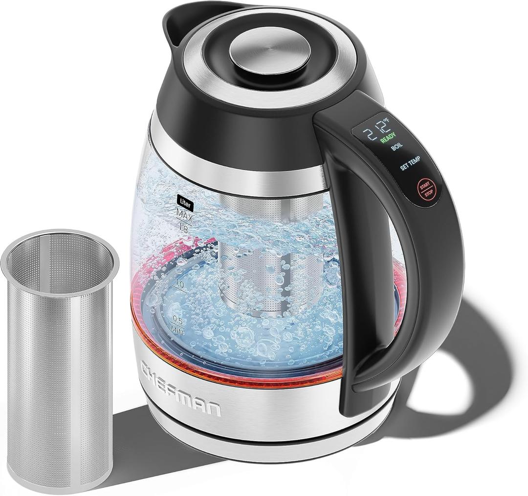 Chefman Glass Electric Kettle for Boiling Water, 1.8L , with Tea Infuser, Keep Warm Function, Boil-Dry , Hot Water Boiler, Electric Tea Kettle 