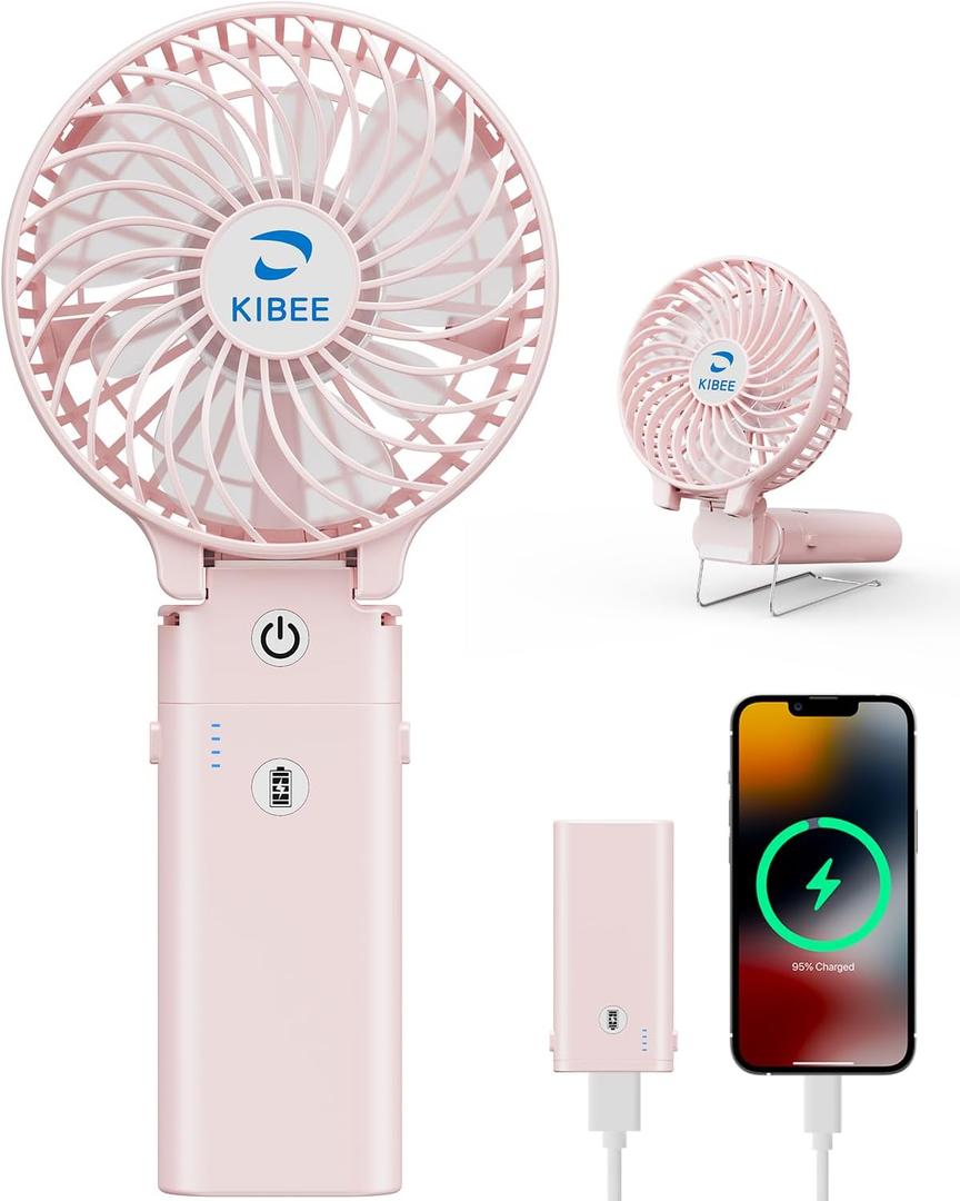 KIBEE 5200mAh Portable Handheld Fan, 20H Max Runtime USB Rechargeable Foldable 180 Mini Personal Fan, 3 Speeds Quiet Cooling Fan with Stand & Power Bank, Travel Outdoor Makeup Concerts (Pink)