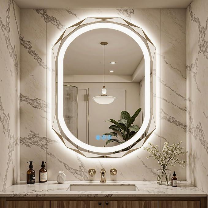 30"X40" Oval LED Bathroom Mirror with Lights, Frameless Vanity LED Mirror for Bathroom with Beveled Edge, Backlit Anti-Fog, Dimmable, 3 Colors, Memory Function, Tempered Glass, Shatter-Proof