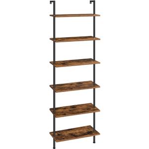 HOOBRO DIY Ladder Shelf, 6-Tier Wall Mounted Bookshelf, Office Vertical Bookcase, Wooden Storage Shelves for Home Office, Bedroom, Rustic Brown and Black BF65CJ01