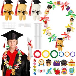 BeYumi Candy Lei Making Kit - 12Pcs Graduation Stuffed Bear Candy Lei Making Kit Hawaiian Congrats Present Ribbons Wrapping DIY Grad Wreath for Kindergarten Kids Student Gift Graduation Party Supplies