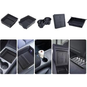 Center Console Organizer Tray 5PCS for Tesla Model Y Accessories 2024-2020(Not Fit 2024 2025 Model Y Juniper) Armrest Storage Tray, Hidden Storage Box, Cup Holder Insert, Under Seat Storage Box (Full-Black)