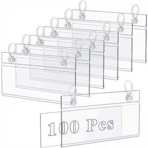 Elsjoy 100 Pack Plastic Wire Shelf Label Holders, 4" x 2.3" Clear Price Tag Holder Sign & Ticket Holder with Double Snap Lock Closure, Reusable Basket Label Holders for Market, Retail Shop, Pantry