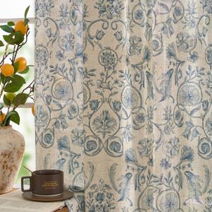 jinchan Linen Floral Curtains for Living Room with Printed Flower 96 Inches Long Light Filtering Farmhouse Window Treatment Vintage Drapes Back Tab Rod Pocket 2 Panels Blue on Beige