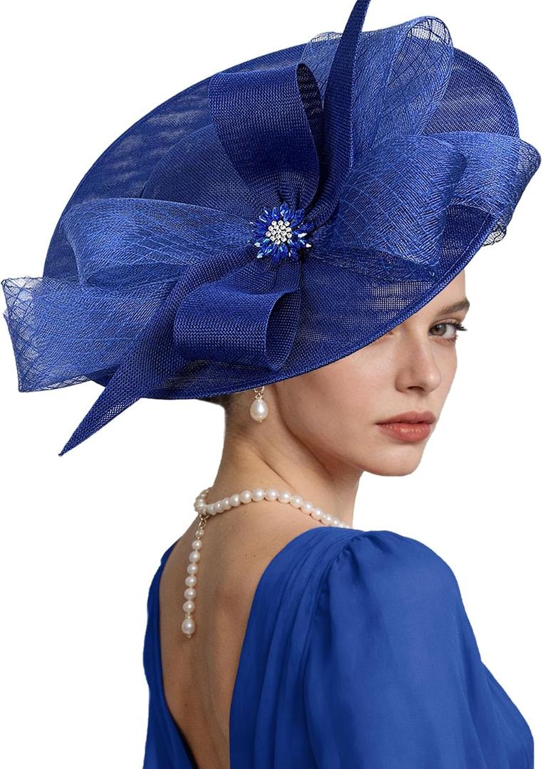 Kgromfy Women's Wide Brim Fascinator Hat Tea Party Headband Large Vintage Church Hat Lady Headwear for Derby Wedding Cocktail Royal Blue