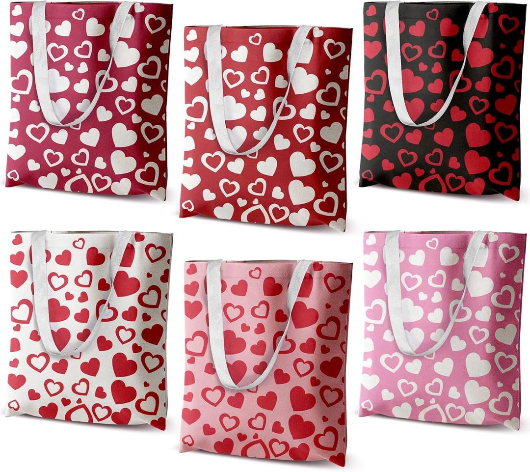 6 Pcs Valentines Day Canvas Tote Bags Heart Decorated Reuseable Grocery Shopping Bag Valentines Gift Goodie Bag