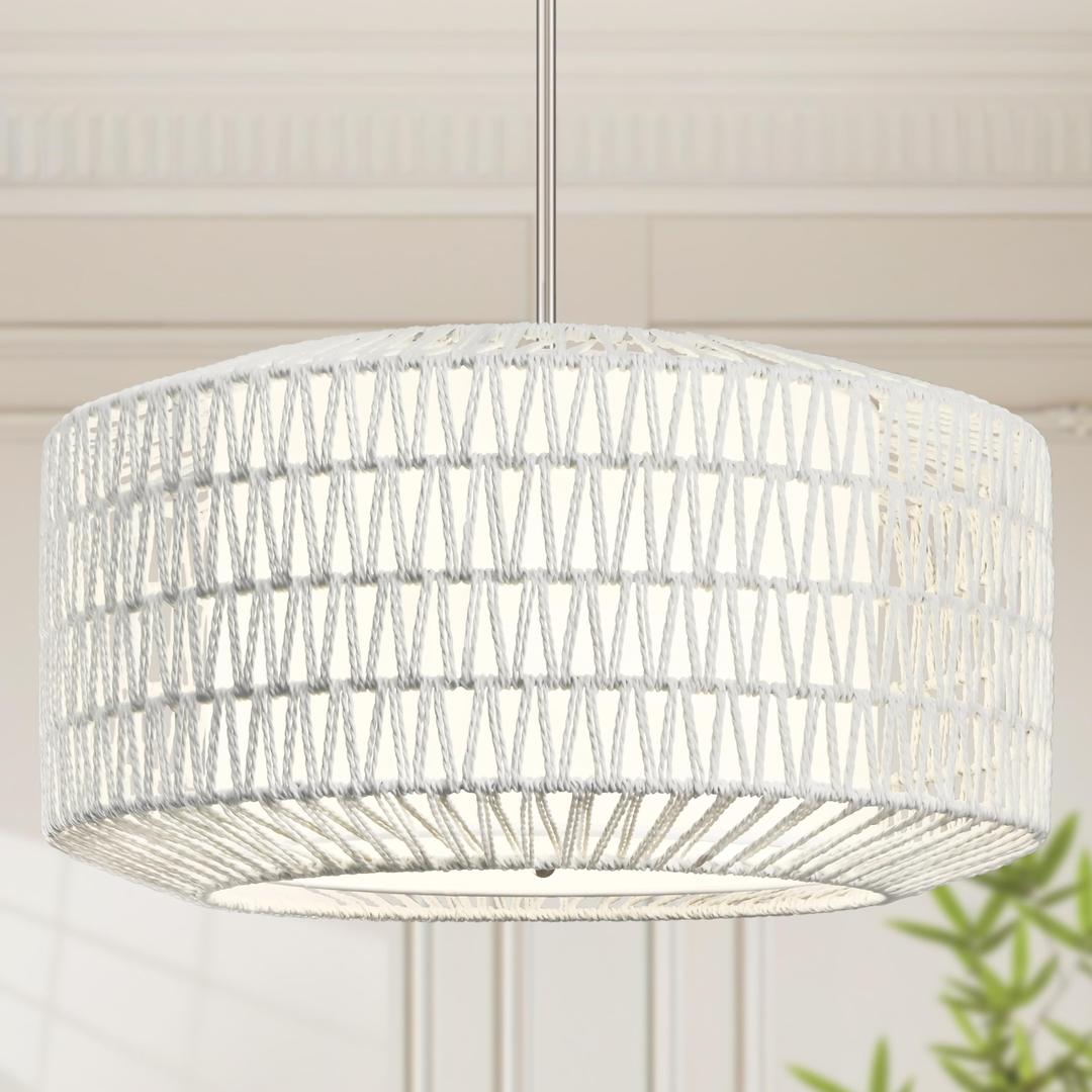 AyshwillDec 23 inch White 5 Light Rattan Light Fixture Woven Pendant Lights Rattan Farmhouse Chandeliers Fabric Shade Boho Chandelier for Dinning Room Kitchen