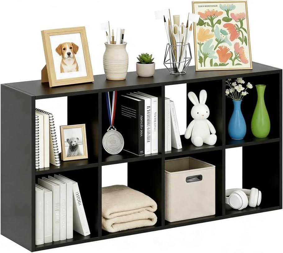 8 Cube Storage Organizer Shelf, Open Cube Bookshelf, Reversible Bookcase, Sturdy Modern Storage for Home Office, Bedroom, Living Room, Black