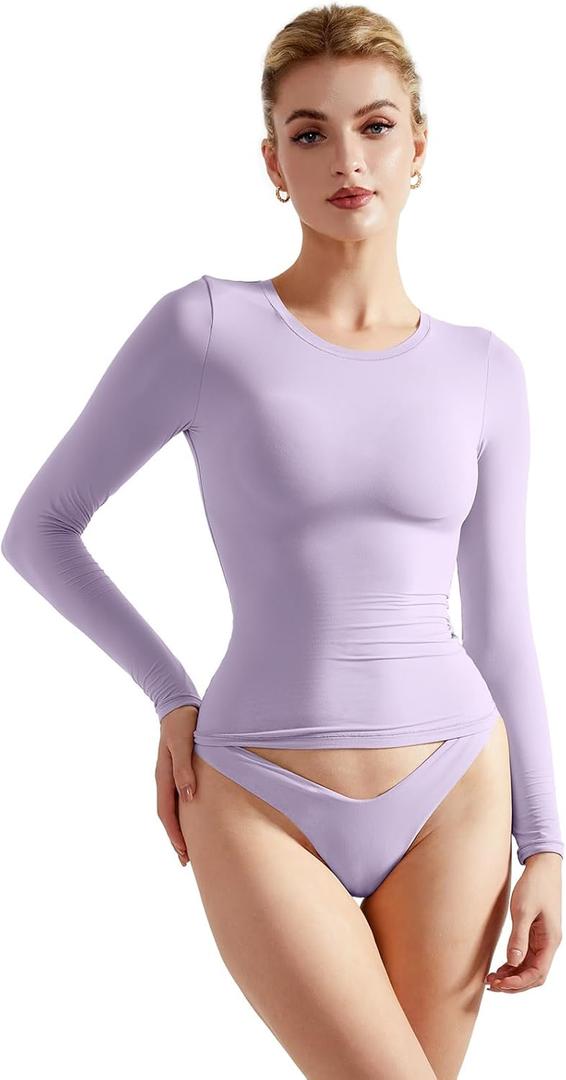 SUUKSESS Women Double Lined Fitted Basic T Shirts Crew Neck Long Sleeve Crop Top (X-Small, Lilac)