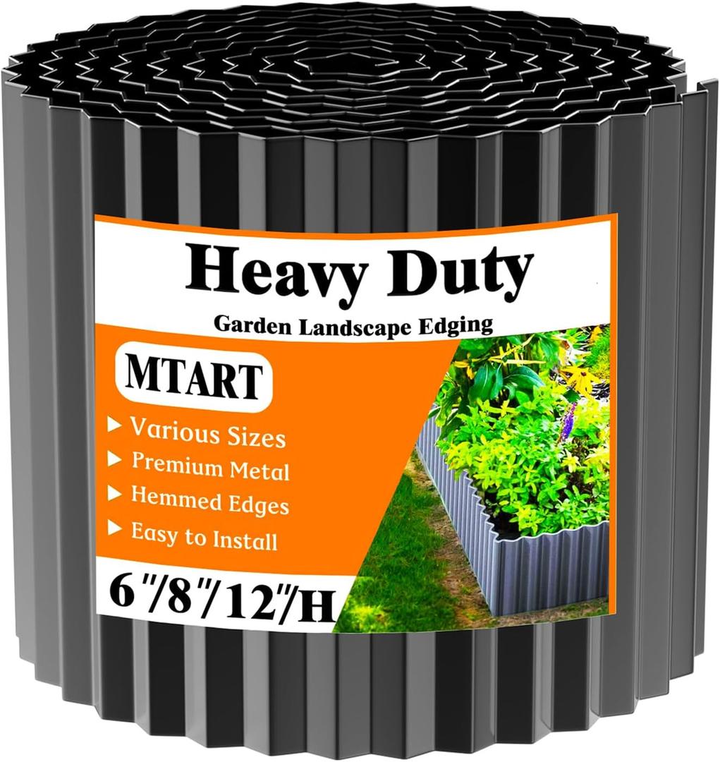 MTART Metal Garden Edging for Landscaping, Sturdy Corrugated Edging Border for DIY Flower Bed, Lawn and Landscape Edging (Black, 8"20Ft)