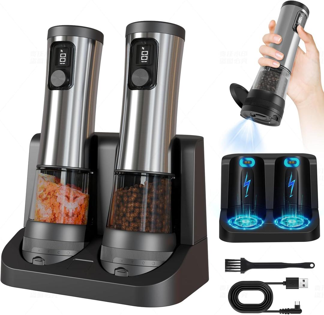 Electric Salt and Pepper Grinder Set,Stainless Steel Rechargeable Automatic Shakers with Easy-to-Carry Dual Charging Station,Adjustable Coarseness,LED Display,100ML Large Capacity,Ideal for Kitchen
