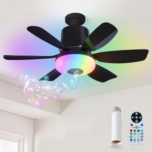 4 in 1 Socket Fan Light with Remote, 18.5 inch Small Ceiling Fans with Dimmable Led Light, Bluetooth Speaker, 3 Colors, 3 RGB Mode, 3 Fan Speeds, Screw in E26 Base for Bedroom Kitchen -Black