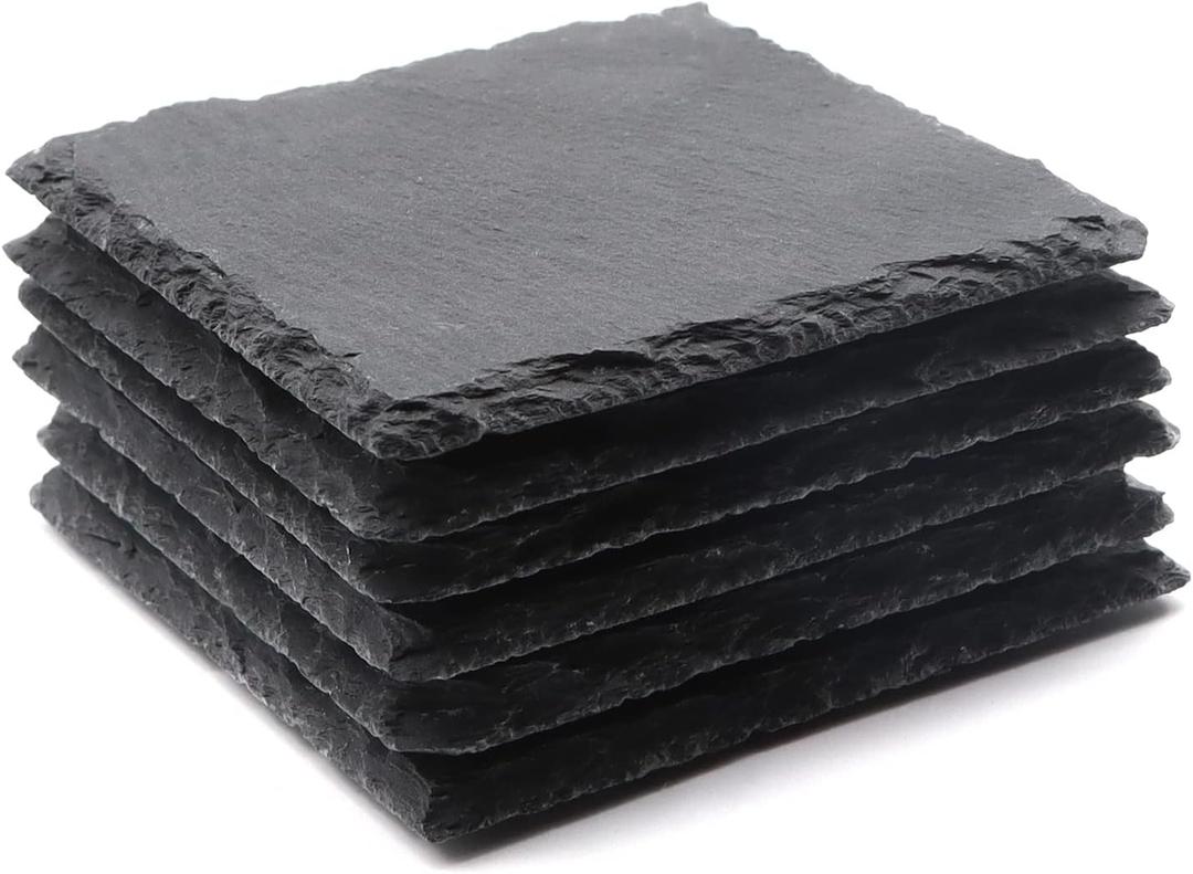 6 Pack Square Slate Drink Coasters, VIBRATITE 4 Inch Black Slate Stone Coasters Bulk Cup Coaster Laser Engraving Blanks with Anti-Scratch Bottom for Drink Coffee Bar Kitchen Home Decor