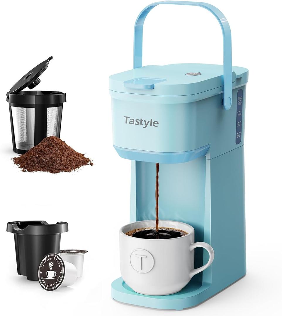 Tastyle Single Serve One Cup Coffee Maker, for K Cups and Grounds, Mini Coffee Maker with Portable Handle, 6 to 12 Oz Brew Size, for Travel, Camping, Office, RV and Dorm, 120V, Aqua