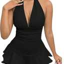 SOLY HUX Women's Ruched Ruffle Hem Halter Romper Sleeveless High Waist Sexy Short Jumpsuits Pure Black Small