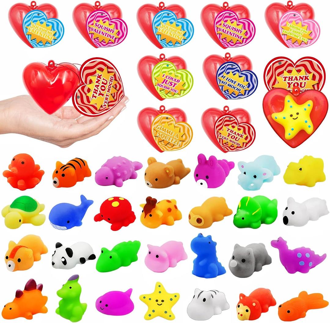 28 Pack Valentines Day Gifts for Kids ,Mochi Squishy Toys Filled Hearts Box with Valentine Cards Classroom Prizes Exchange Gifts Prizes Valentines Day Gifts for Kids Boy Girl Valentine Party Favors