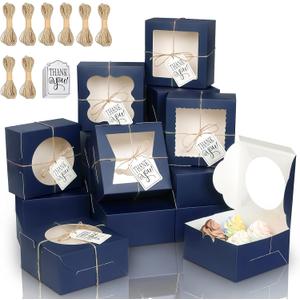 KPOSIYA 65PCS Bakery Boxes with Window 6x6x3 Inches 5 Style Cookie Boxes Small Pastry Boxes for Candy, Dessert, Pastry, Donuts, Birthday Party, Wedding(Blue)