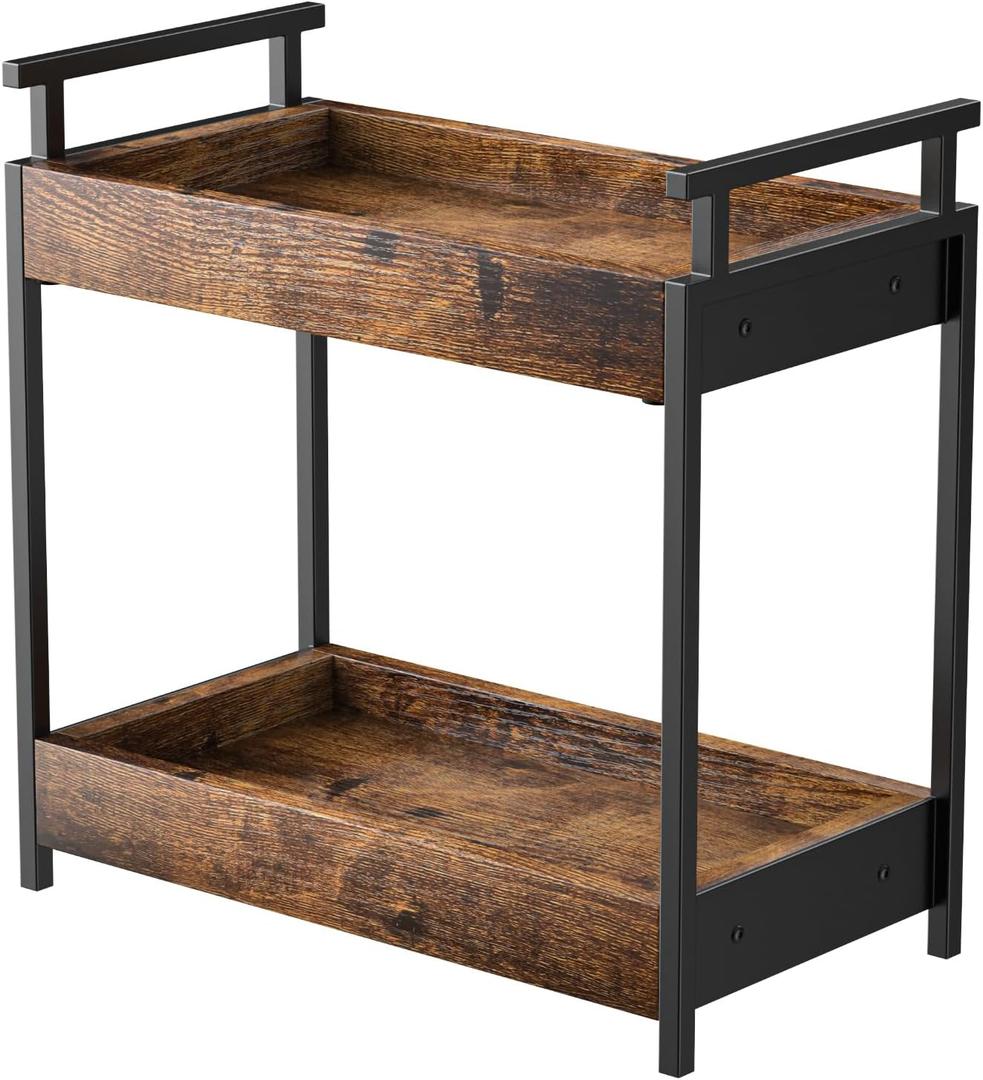 KLM Countertop Coffee Station Organizer, 2 Tier Wooden Shelf for Coffee Bar Accessories, Condiment Storage Caddy for Kitchen, Bathroom Counter Organizer, Home, Office - Brown, 13.38 x 7.08 x 13.38 inches